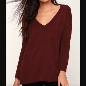 Lulu's Mercy Me Burgundy Knit V-Neck Sweater